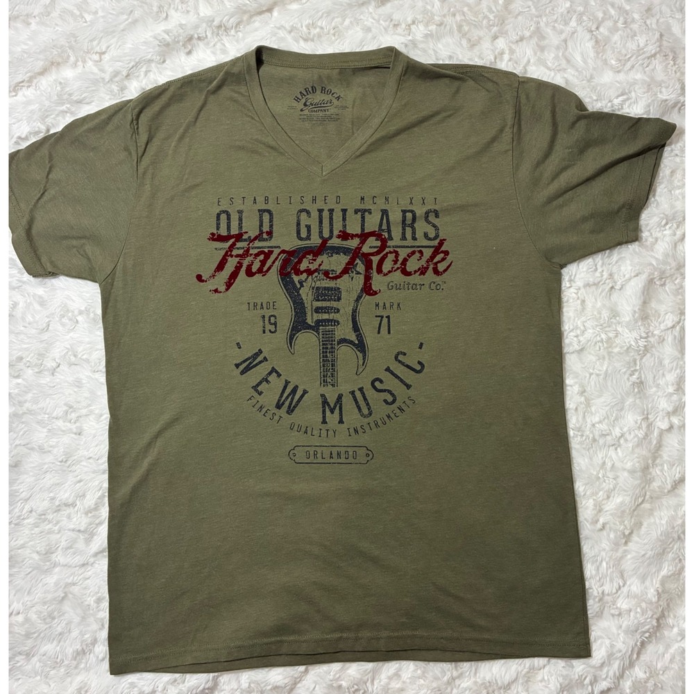 Hard Rock Guitar Co Orlando Mens XL V-Neck Graphic T-Shirt Olive Green Flocked